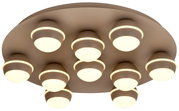 Moderne led-plafondlamp met negen ronde lichtelementen, gezien van onderaf.