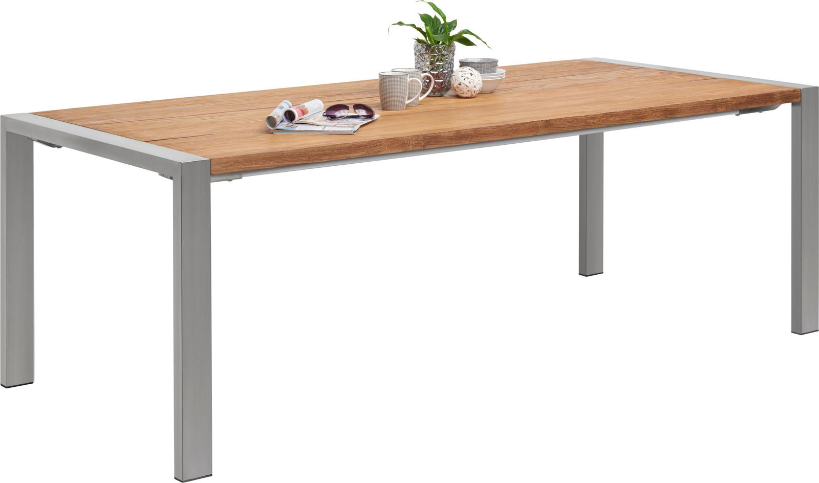 Moderner Gartentisch mit Holzplatte und Metallbeinen, seitliche Perspektive