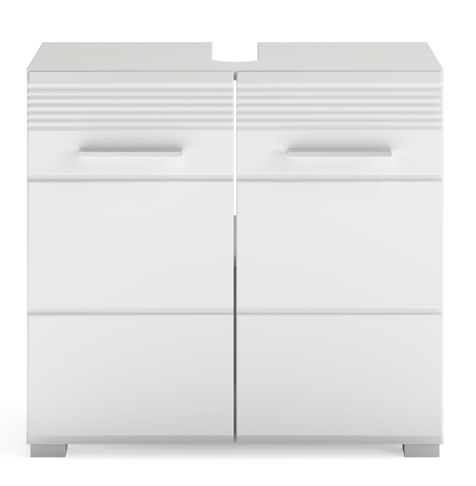 Moderner weißer Waschbeckenunterschrank mit zwei Türen, Frontansicht