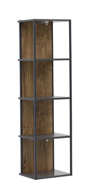 Regal mit vier Ebenen, schwarzem Metallrahmen und Rückwand in Holzoptik, seitliche Perspektive
