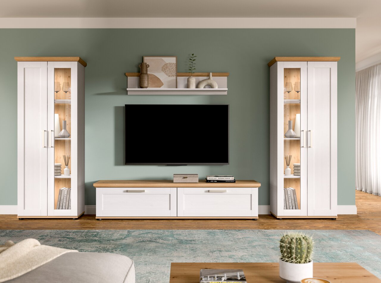 MID.YOU Wohnkombination VERONA Wohnkombination in modernem Design mit zwei hohen Vitrinenschränken und einem TV-Board in Weiß und Holzoptik, frontal betrachtet.