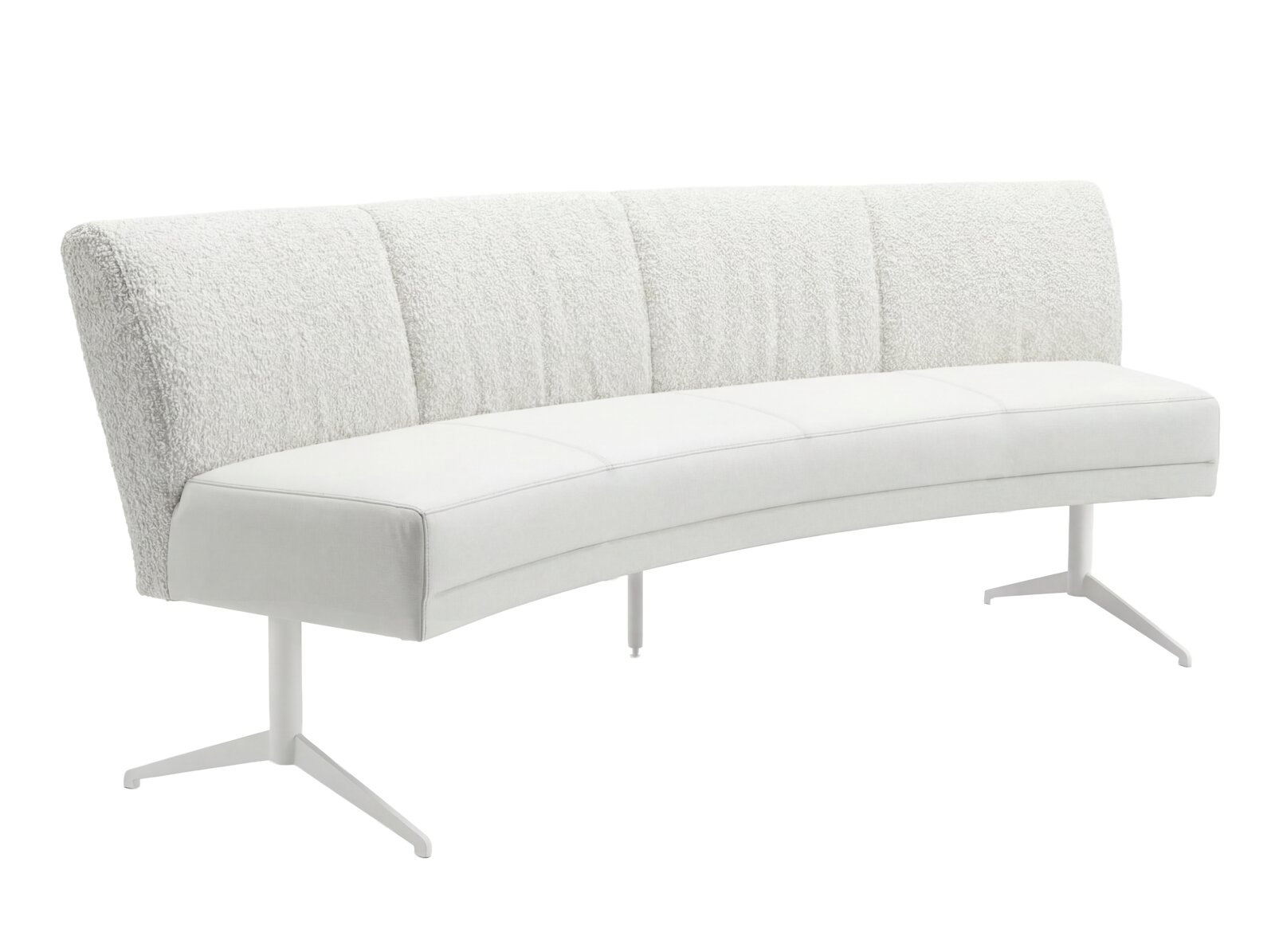 Hülsta Bankje SCAMUM Moderne gebogen eetkamerbank zonder armleuningen, met witte bekleding, zachte bouclé rugleuning en slanke metalen poten, schuin van voren weergegeven