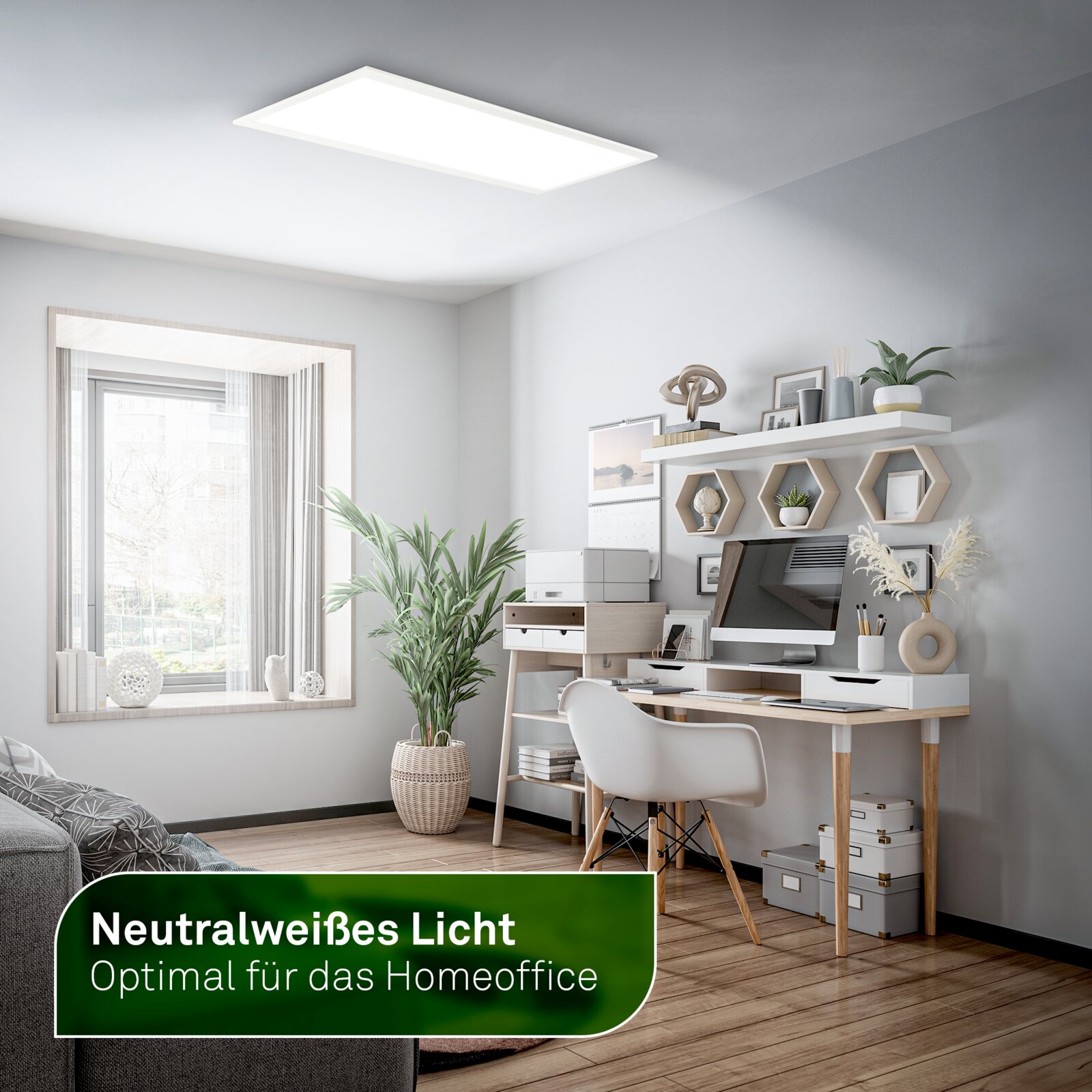Deckenansicht eines modern beleuchteten Homeoffice mit rechteckigem LED-Deckenpanel in Neutralweiß über Schreibtisch, Stuhl und Regal