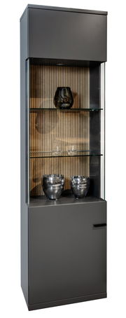 Moderne Vitrine in dunklem Design mit Glastüren und Holzrückwand, frontal betrachtet.