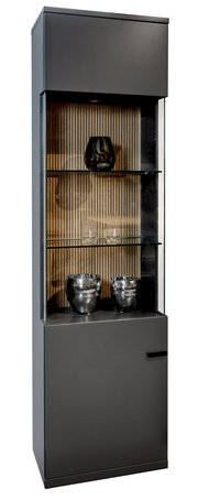 Moderne Vitrine in dunklem Design mit Glastüren und Holzrückwand, frontal betrachtet.