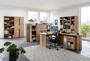 Moderne Büromöbel in einem hellen Raum mit großen Fenstern, bestehend aus Schreibtischen, Aktenschränken und Regalen aus Holz. Perspektive von vorne links.