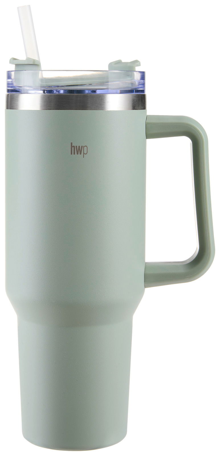 Grüner Thermobecher mit Henkel und Strohhalm, seitliche Ansicht