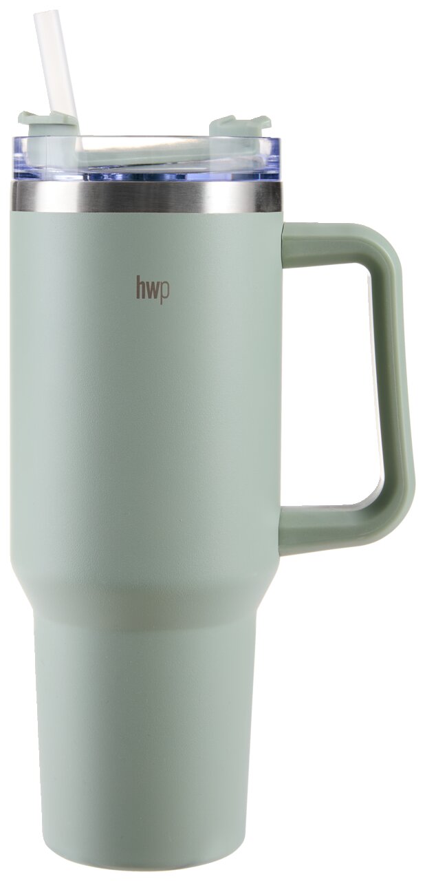 Grüner Thermobecher mit Henkel und Strohhalm, seitliche Ansicht