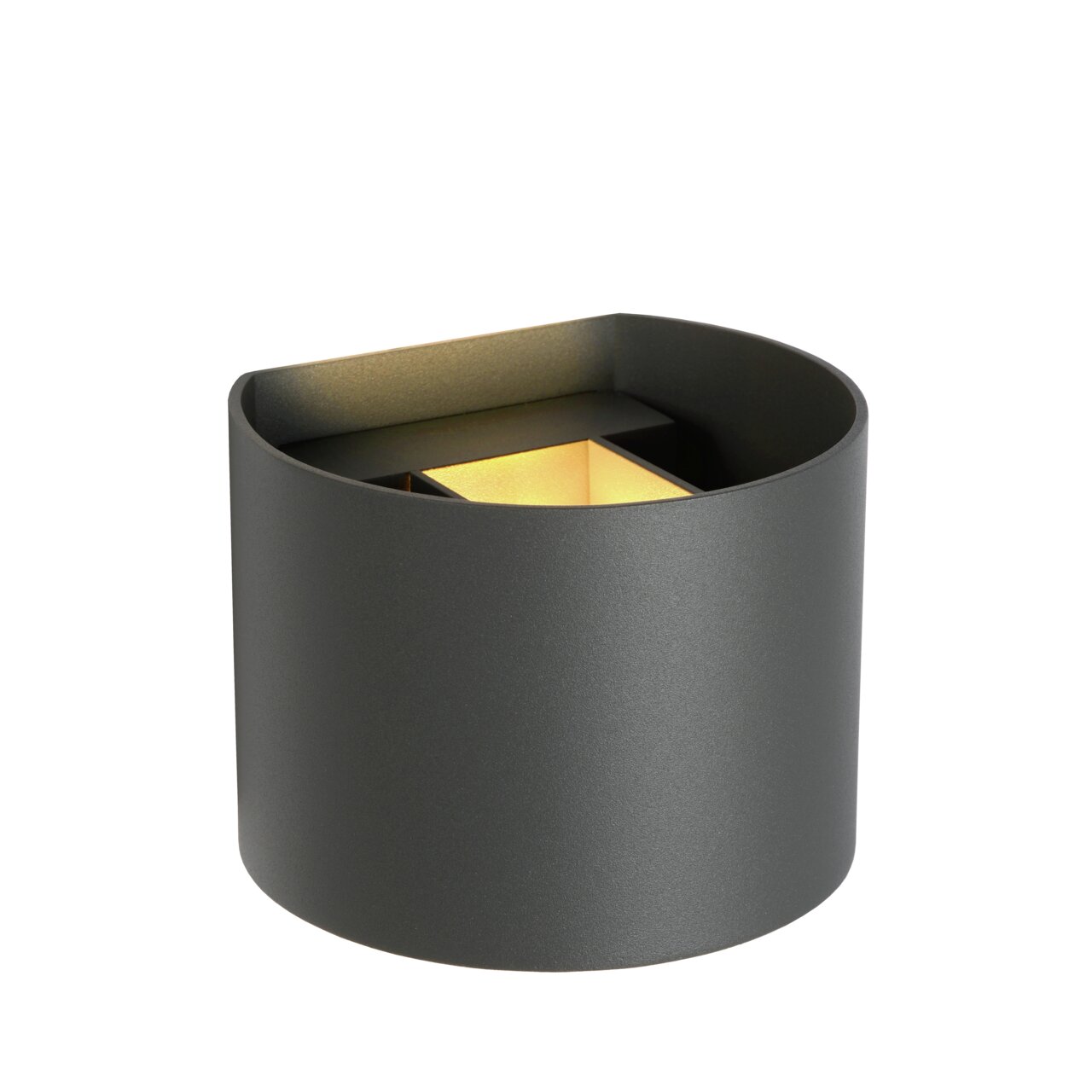 Moderne wandlamp XIO in cilindrische vorm, zijaanzicht, met een warme lichtschijn.