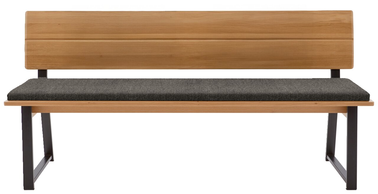 Holzbank mit Rückenlehne und grauem Polster, Vorderansicht