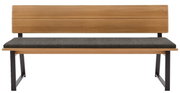 Holzbank mit Rückenlehne und grauem Polster, Vorderansicht
