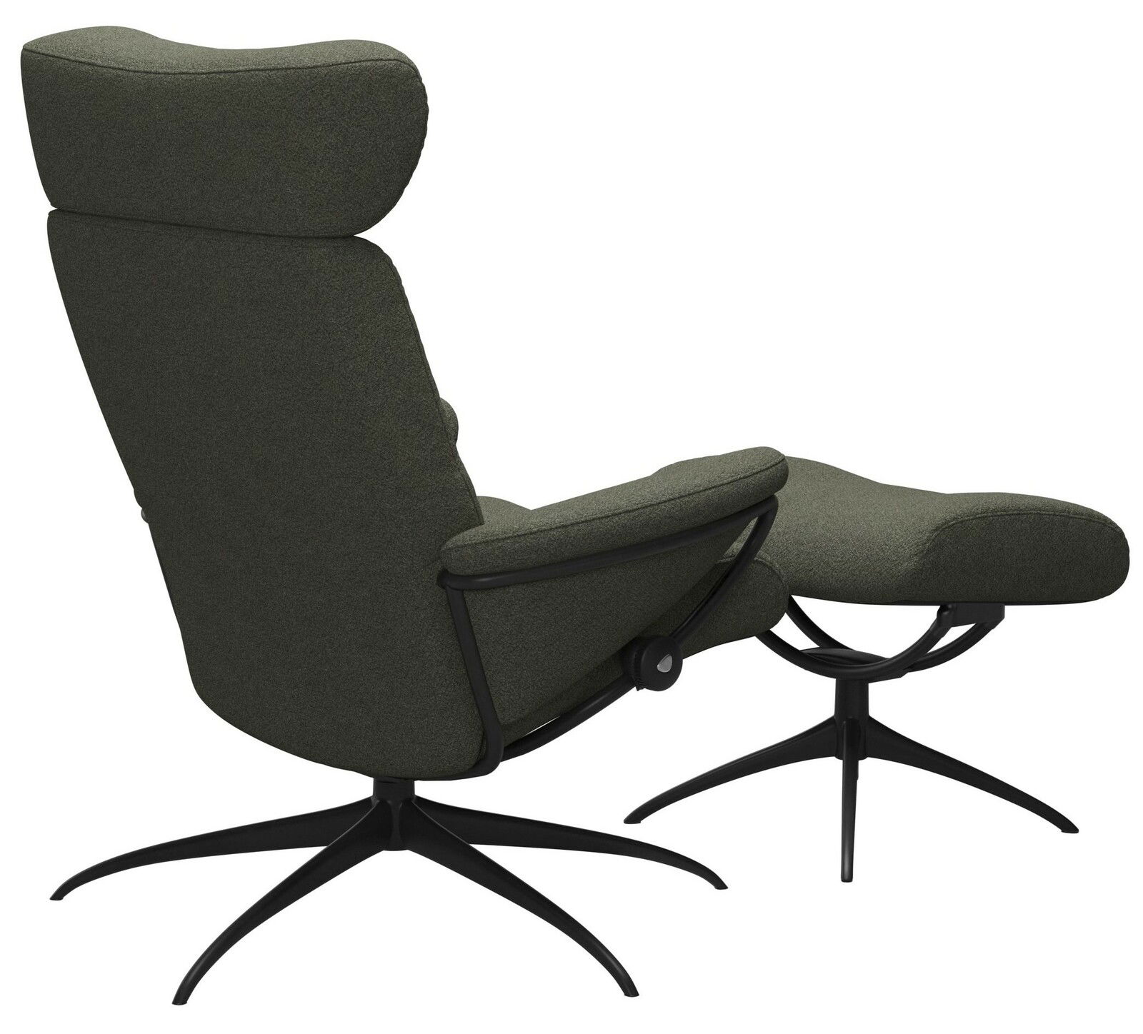 Rückansicht eines grünen Einzelsessels mit Kopfstütze und passendem Fußhocker auf schwarzem Drehgestell.