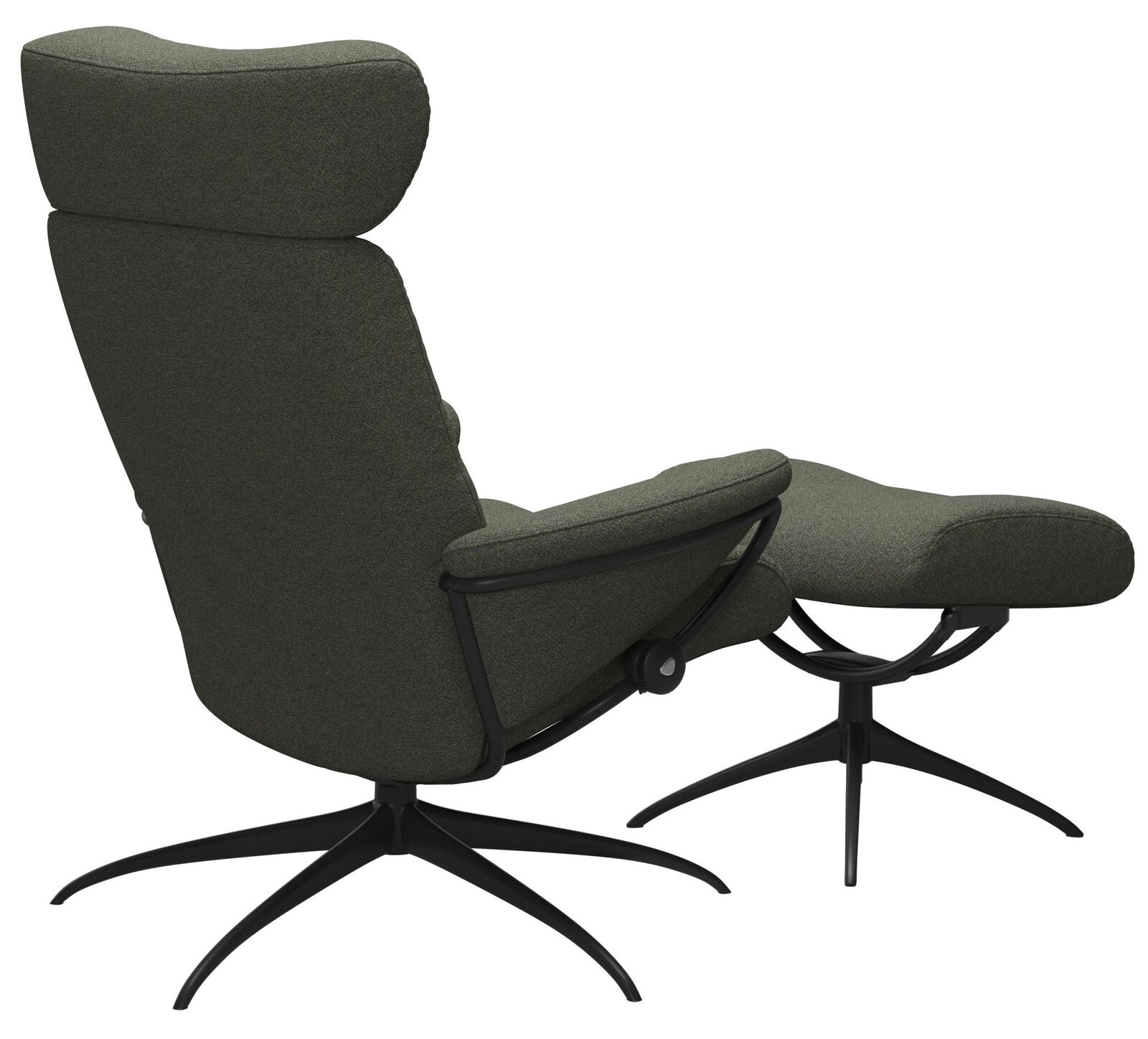 Rückansicht eines grünen Einzelsessels mit Kopfstütze und passendem Fußhocker auf schwarzem Drehgestell.