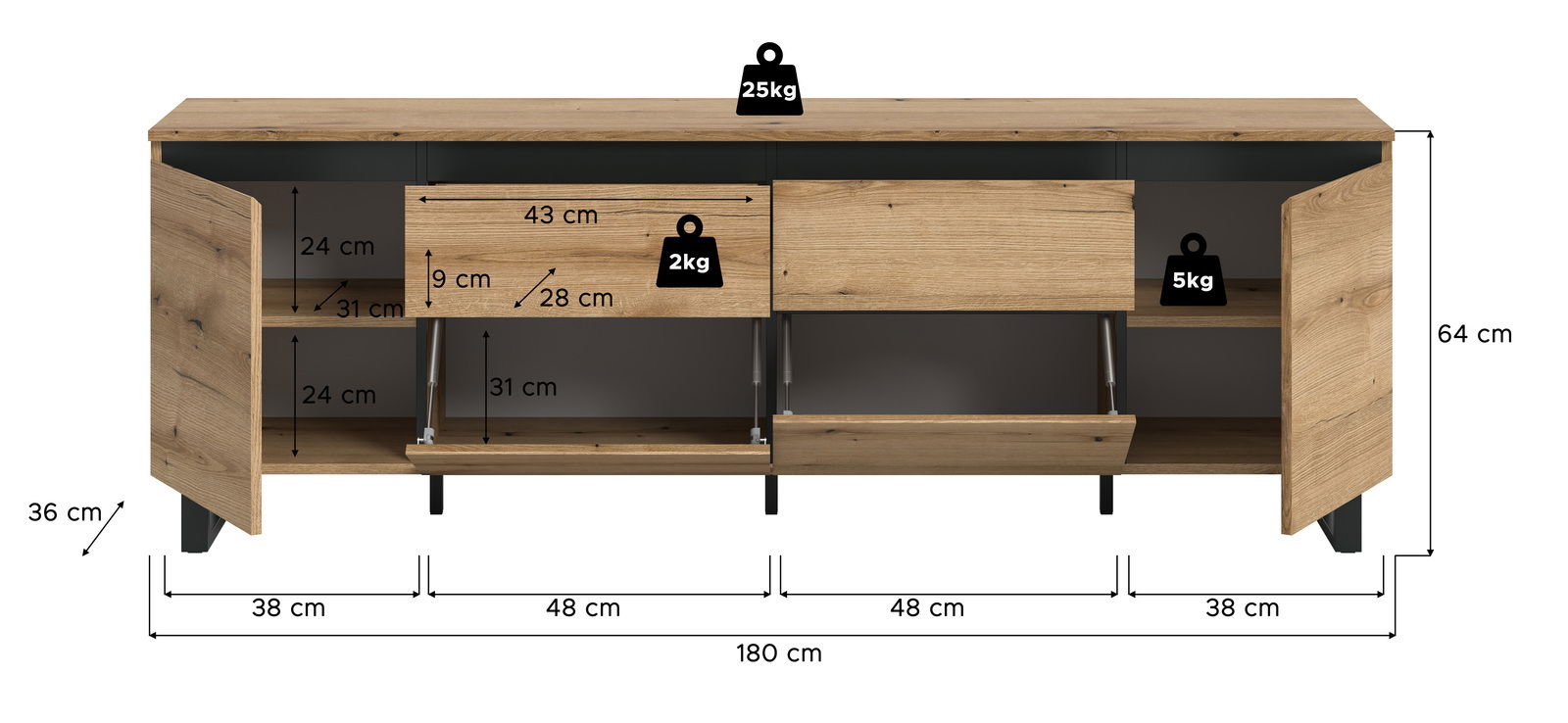 Frontale Ansicht eines Lowboards mit offenen Türen und Schubladen, aus Holz mit schwarzen Akzenten, Maße: 180 cm Breite, 64 cm Höhe, 36 cm Tiefe.