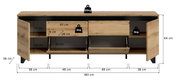 Frontale Ansicht eines Lowboards mit offenen Türen und Schubladen, aus Holz mit schwarzen Akzenten, Maße: 180 cm Breite, 64 cm Höhe, 36 cm Tiefe.
