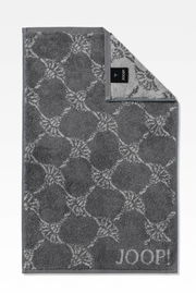 Graues Gästetuch mit elegantem Muster und JOOP!-Logo, von oben fotografiert.
