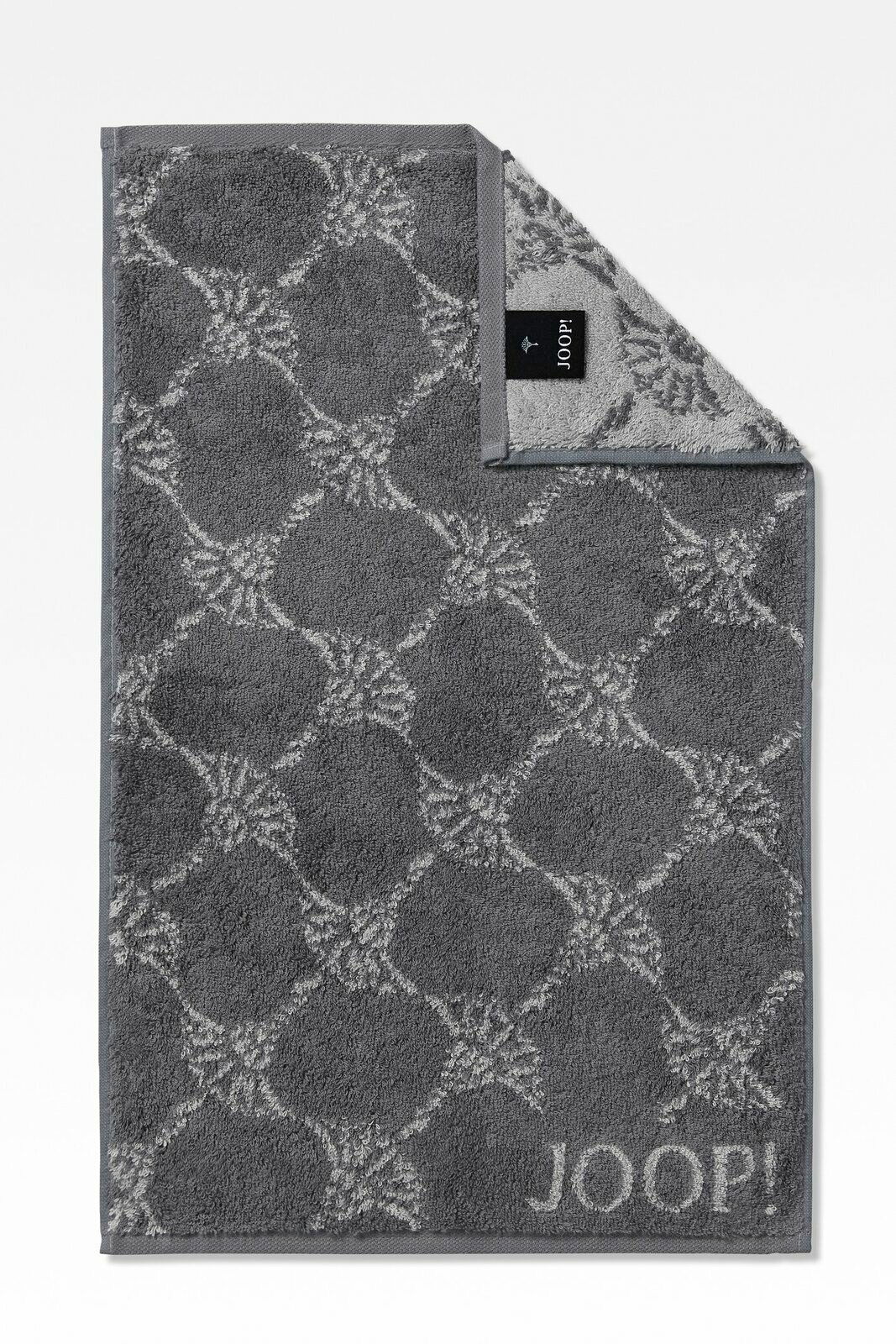 Graues Gästetuch mit elegantem Muster und JOOP!-Logo, von oben fotografiert.