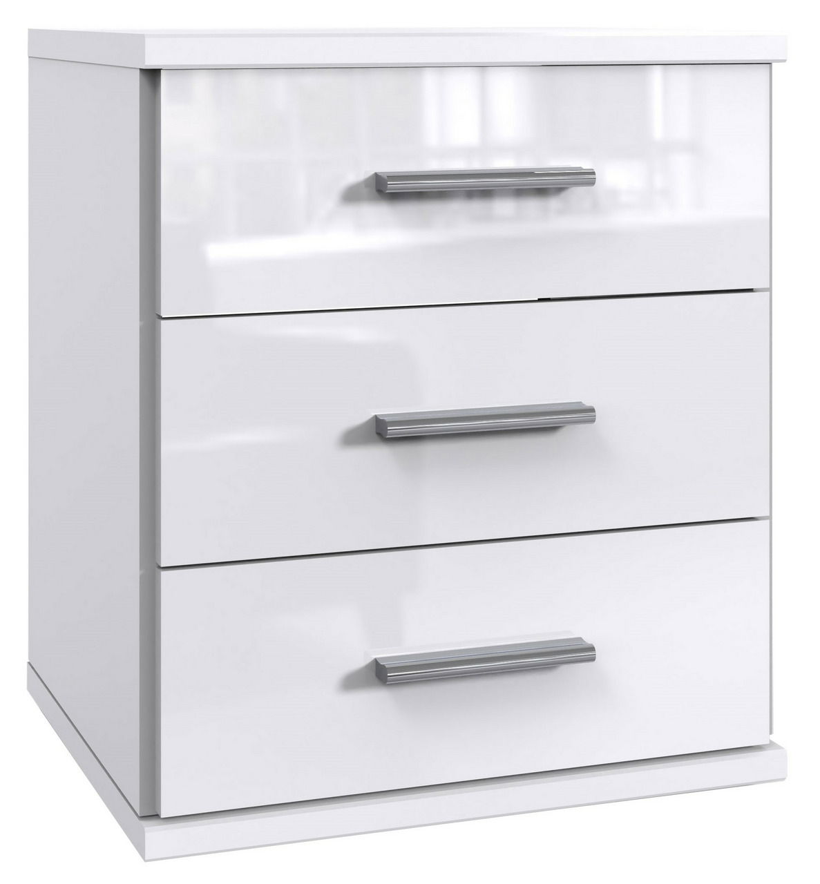 XORA Schubkastenkommode MALTA Weiße Schubkastenkommode mit drei Schubladen und silbernen Griffen, seitliche Perspektive