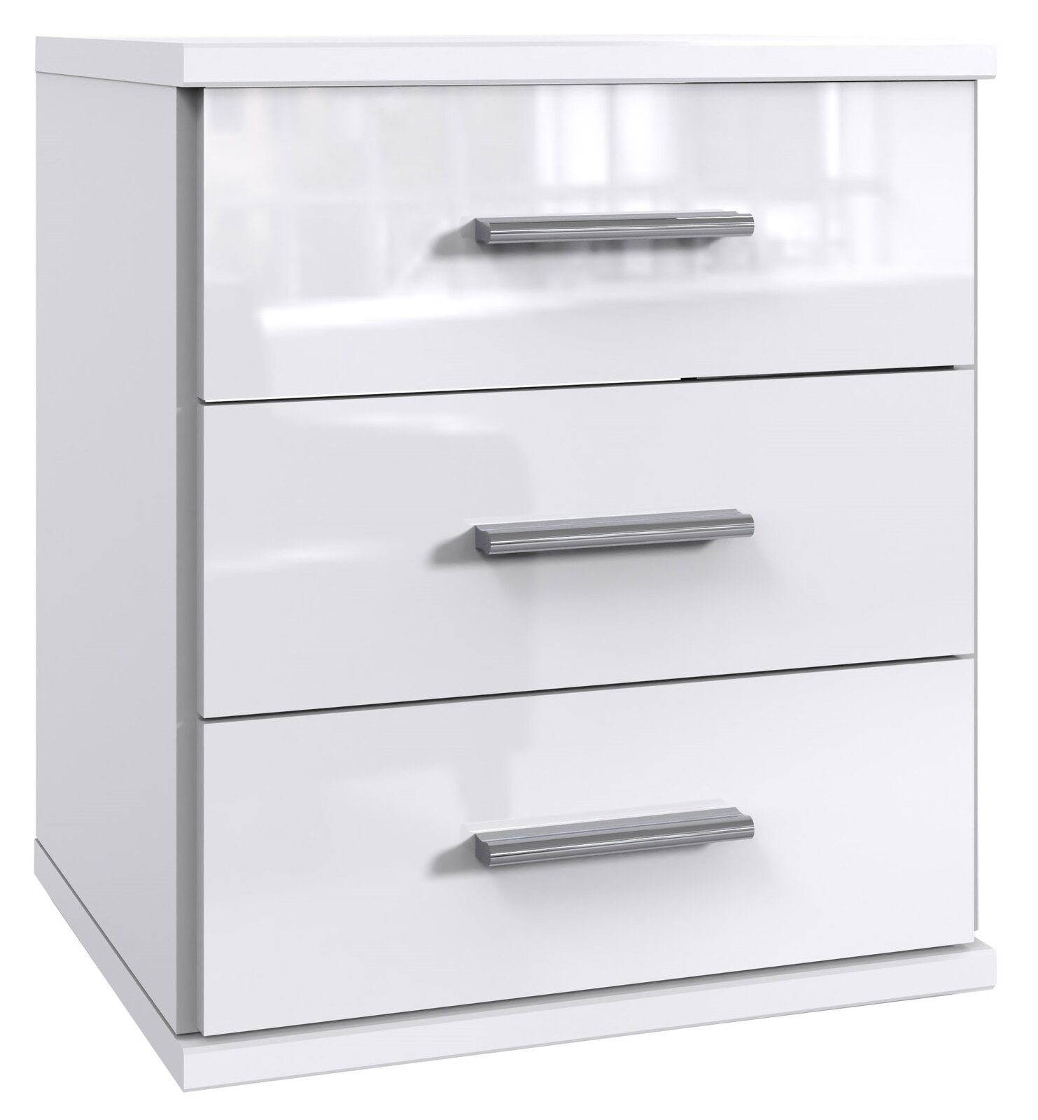 XORA Schubkastenkommode MALTA Weiße Schubkastenkommode mit drei Schubladen und silbernen Griffen, seitliche Perspektive