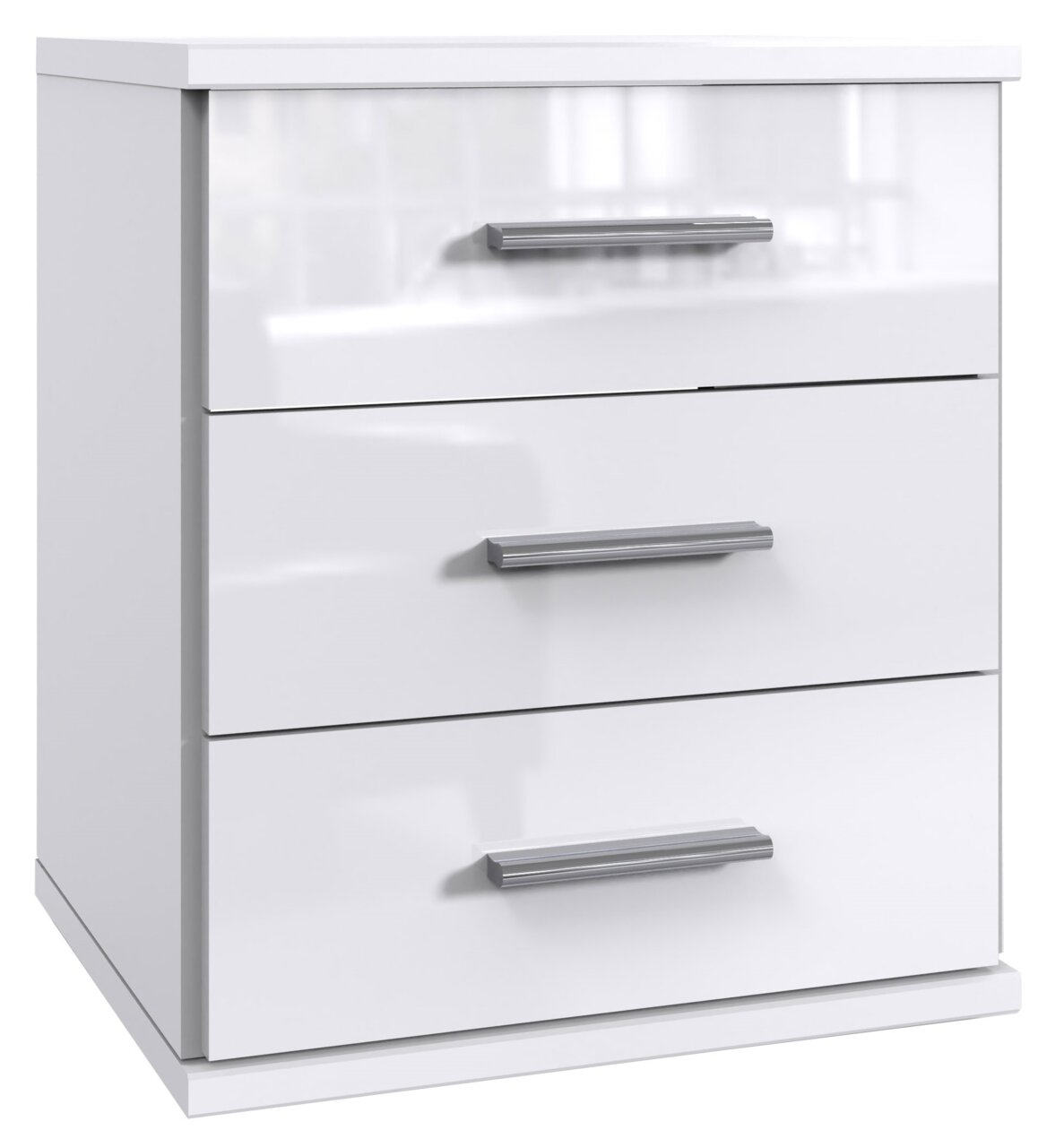 XORA Schubkastenkommode MALTA Weiße Schubkastenkommode mit drei Schubladen und silbernen Griffen, seitliche Perspektive