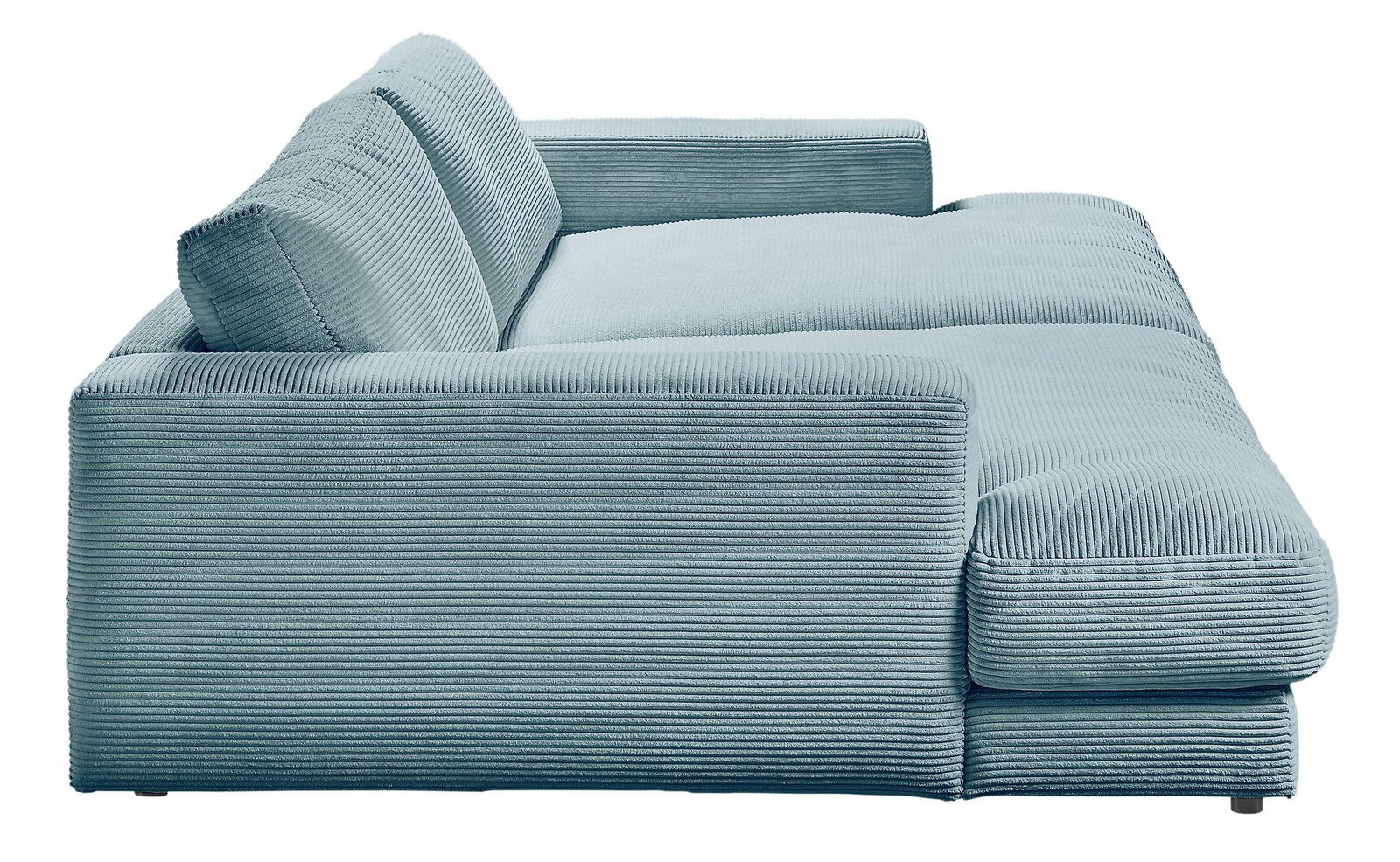 Seitenansicht eines kleinen Megasofas mit geripptem Stoff in hellblauer Farbe.