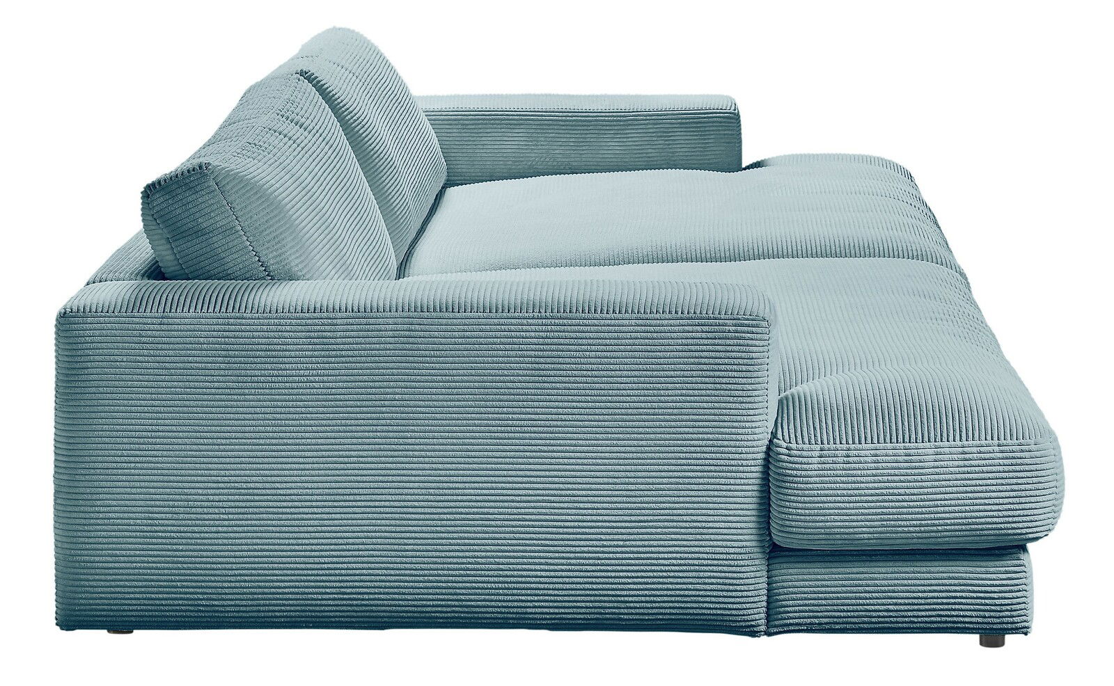 Seitenansicht eines kleinen Megasofas mit geripptem Stoff in hellblauer Farbe.