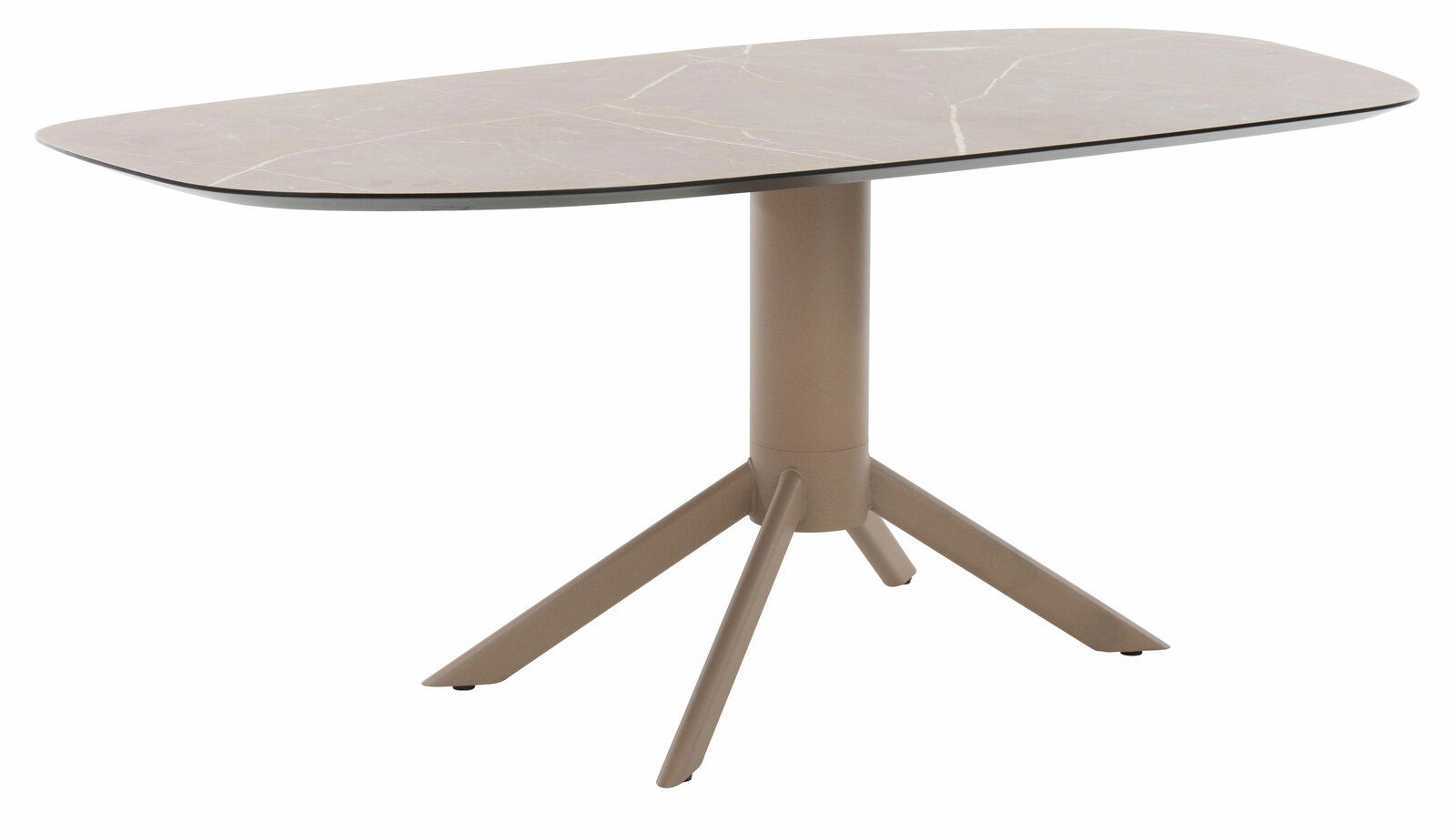 Moderner Esstisch mit ovaler Tischplatte und zentralem Standfuß, seitliche Perspektive