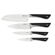 Vier Küchenmesser mit schwarzen Griffen und Edelstahlklingen, von oben nach unten in absteigender Größe angeordnet, seitliche Ansicht.
