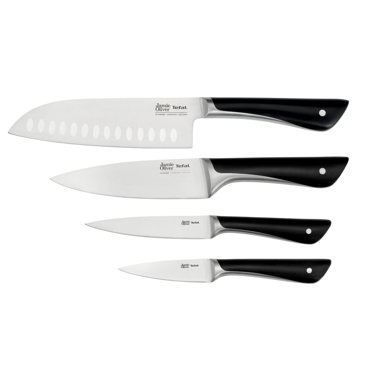Vier Küchenmesser mit schwarzen Griffen und Edelstahlklingen, von oben nach unten in absteigender Größe angeordnet, seitliche Ansicht.