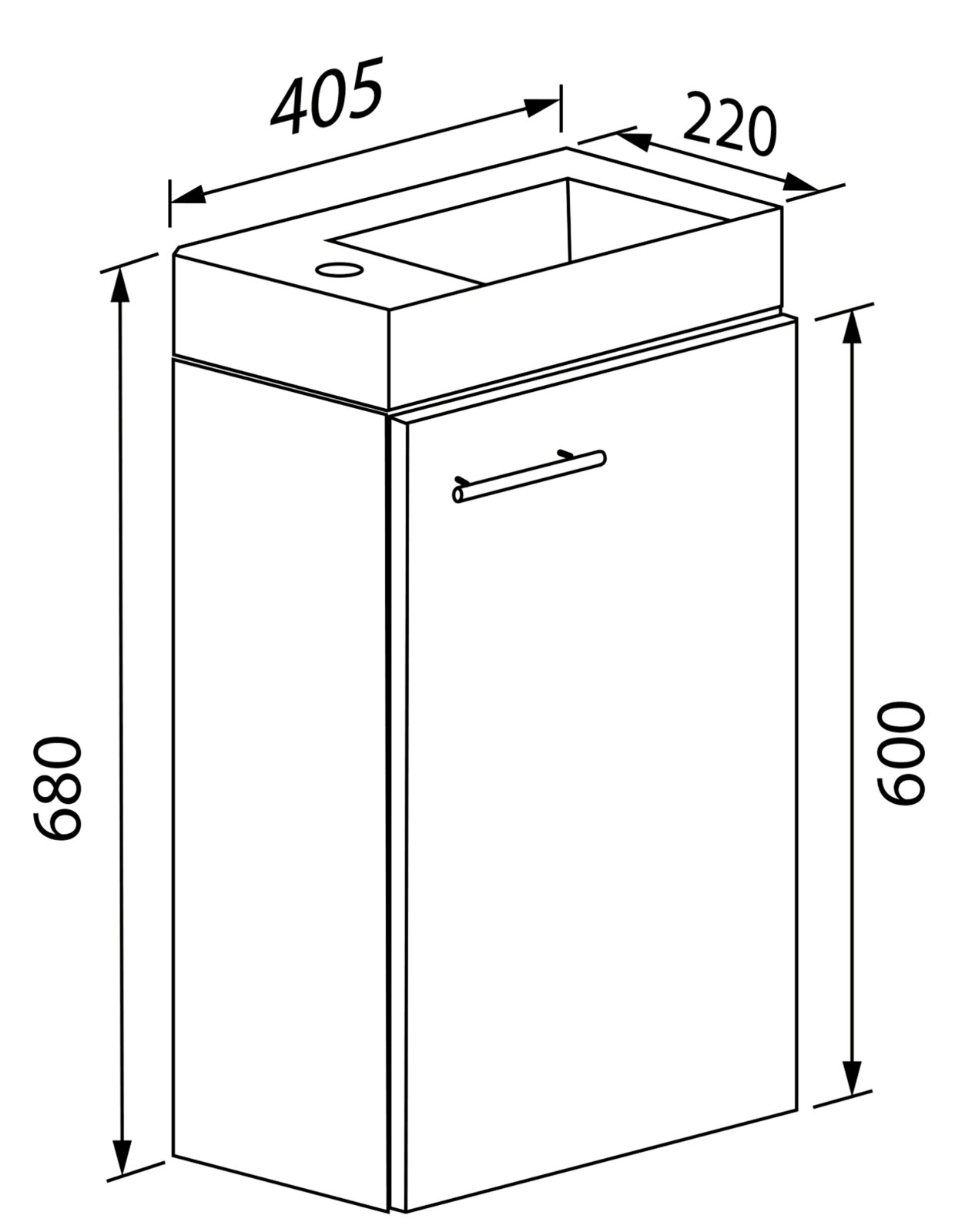 Technische Strichzeichnung eines kompakten Badezimmer-Unterschranks mit Waschtisch-Ausschnitt und Griff, Maße ca. 405 x 220 x 680 mm, dargestellt in schräger Frontansicht von oben (3/4-Perspektive).