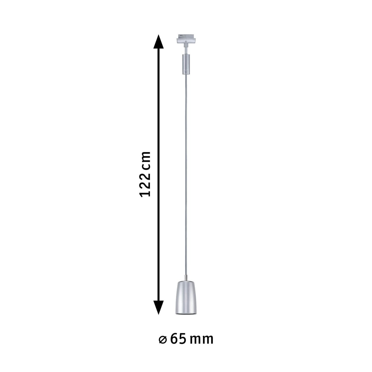 Silbernes Schienenpendel mit einer Länge von 122 cm und einem Durchmesser von 65 mm, seitliche Ansicht.