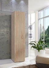 Mehrzweckschrank in heller Holzoptik, frontal fotografiert, in modernem Raum mit großen Fenstern und Pflanzen.