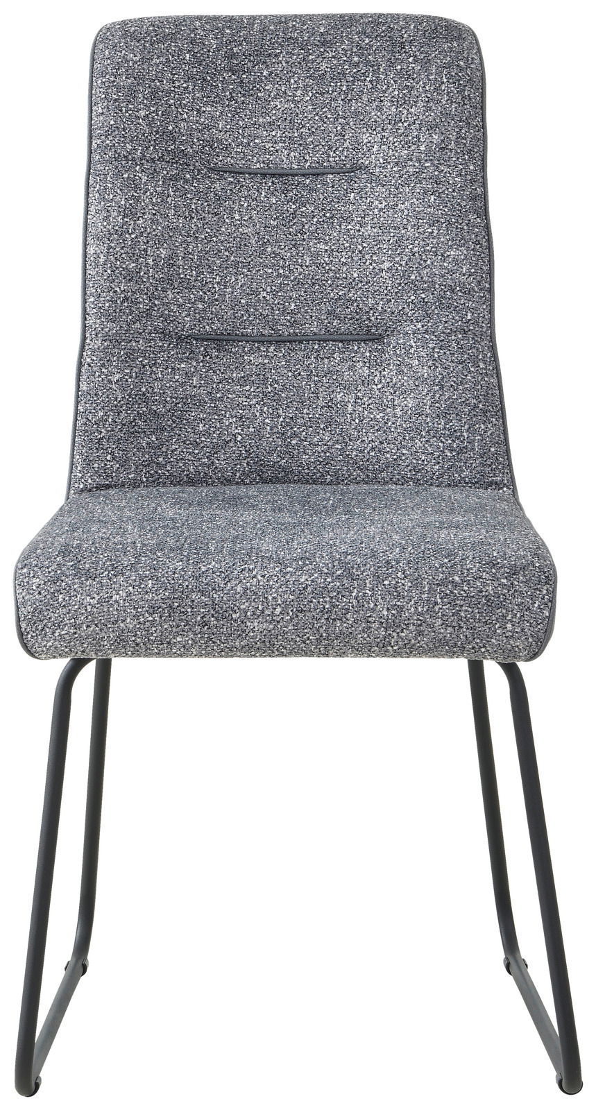 Vorderansicht eines modernen Kufenstuhls mit grauem Stoffbezug und schwarzem Metallgestell.