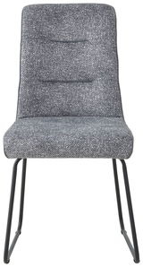 Vorderansicht eines modernen Kufenstuhls mit grauem Stoffbezug und schwarzem Metallgestell.