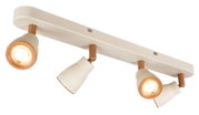 Vierflammige Decken-Spotleuchte mit länglicher weißer Montageplatte und cremefarben geriffelten Schirmen mit kupferfarbenen Akzenten, warm leuchtend, in schräger Ansicht von unten (Untersicht) freigestellt auf weißem Hintergrund.