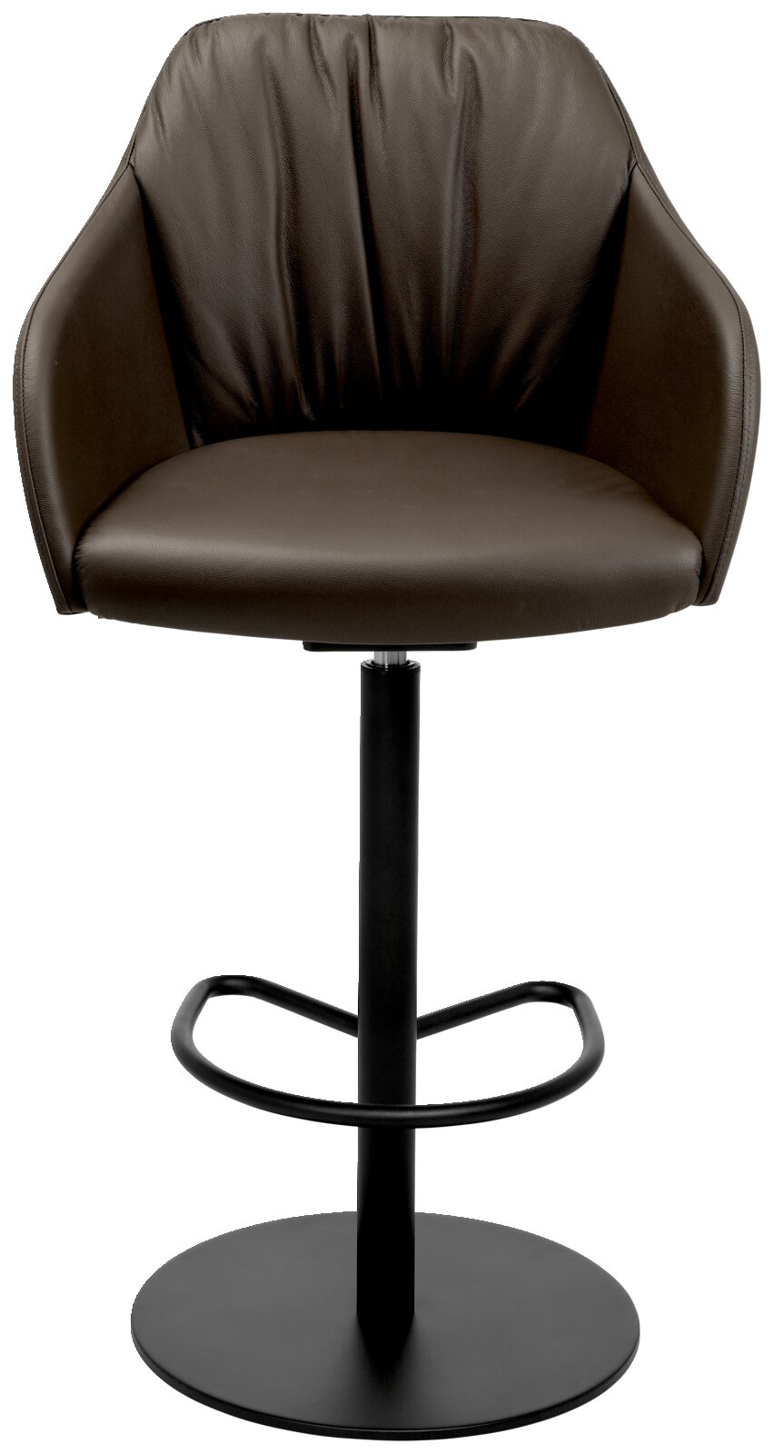 Moderner Barhocker mit braunem Lederbezug und schwarzem Metallgestell, Frontalansicht