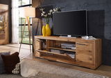 TV-Element aus Holz mit modernem Design, zwei gelben Vasen und einem Fernseher darauf, seitliche Perspektive.