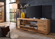 TV-Element aus Holz mit modernem Design, zwei gelben Vasen und einem Fernseher darauf, seitliche Perspektive.