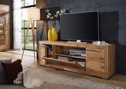 TV-Element aus Holz mit modernem Design, zwei gelben Vasen und einem Fernseher darauf, seitliche Perspektive.