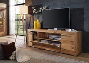 TV-Element aus Holz mit modernem Design, zwei gelben Vasen und einem Fernseher darauf, seitliche Perspektive.