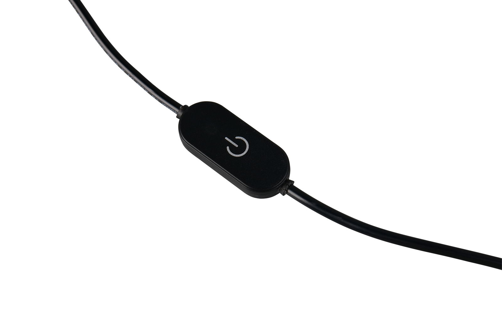 Nahaufnahme eines schwarzen Kabelschalters mit einem Ein-/Ausschalt-Symbol, Teil der Tischleuchte Trio Leuchten DIOS.