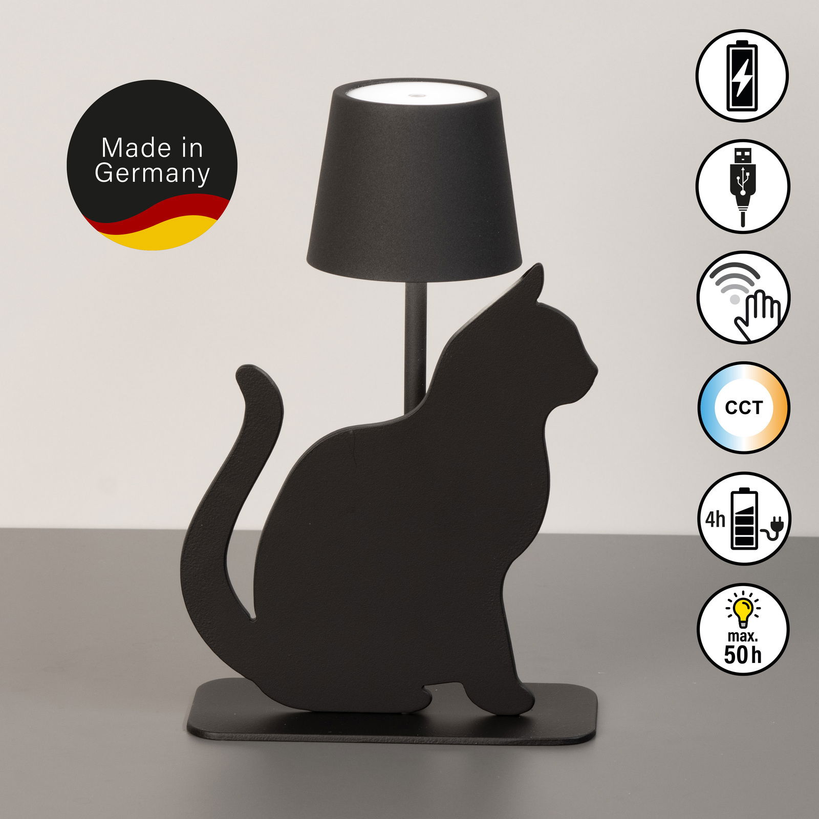 Schwarze Akku-Tischleuchte in Katzenform, seitliche Perspektive, mit USB-Ladefunktion und Touch-Bedienung, hergestellt in Deutschland.