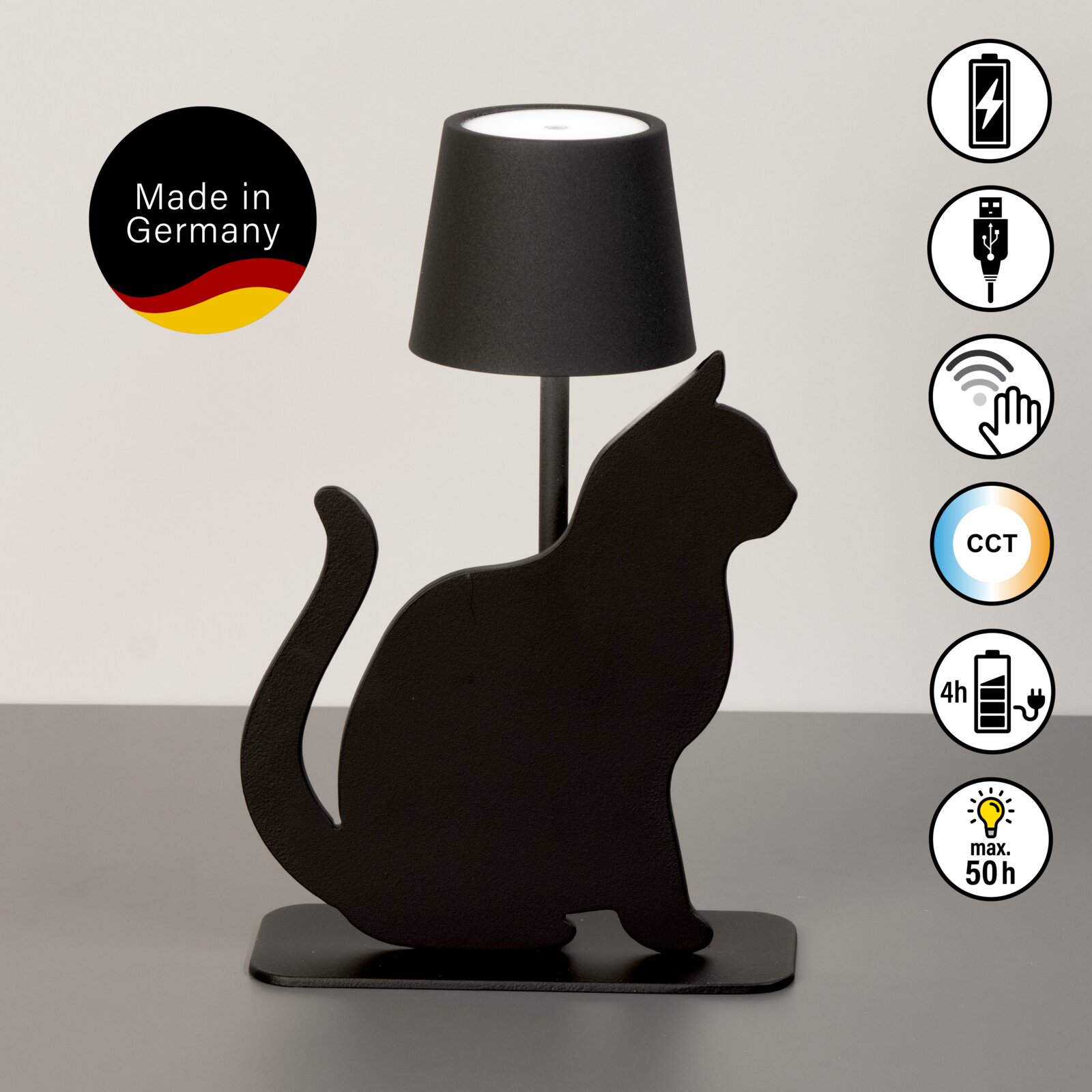 Schwarze Akku-Tischleuchte in Katzenform, seitliche Perspektive, mit USB-Ladefunktion und Touch-Bedienung, hergestellt in Deutschland.