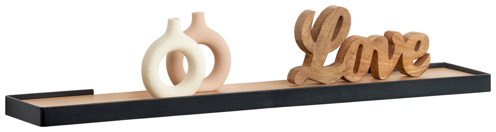 Wandplank met decoratie, waaronder twee moderne vazen en een houten opschrift 'Love', zijaanzicht
