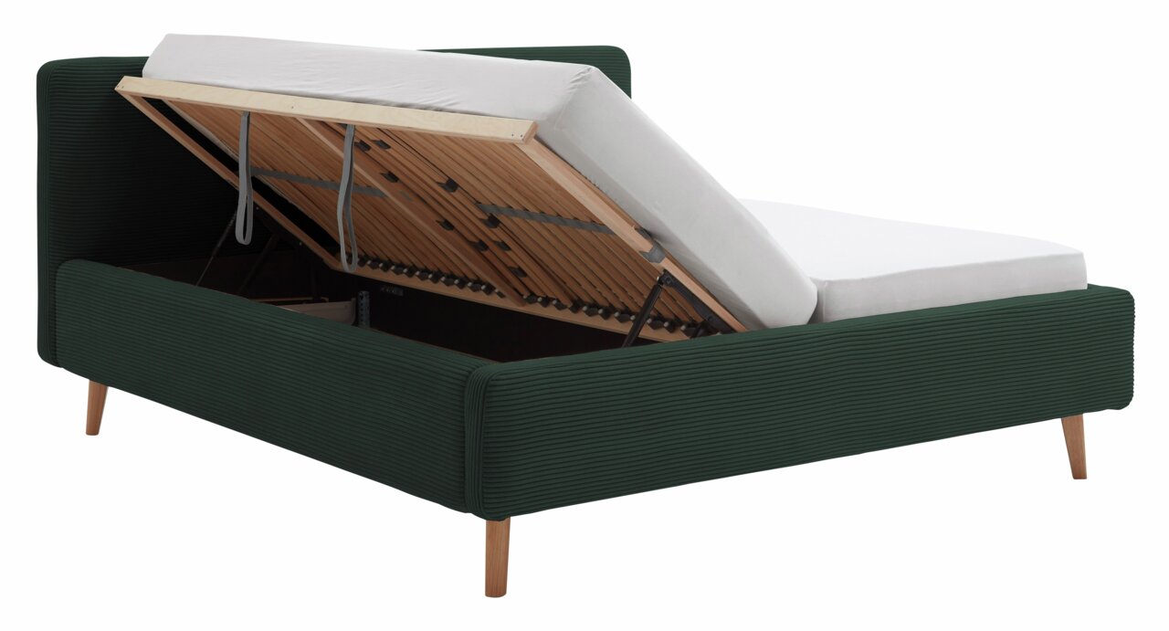 Polsterbett mit hochgeklappter Matratze und Stauraum, seitliche Perspektive