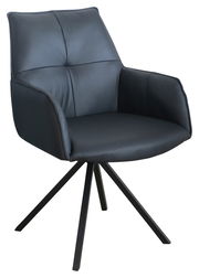 Schwarzer Armlehnstuhl mit modernem Design, gepolstertem Sitz und Rückenlehne, auf einem stabilen Metallgestell. Perspektive: Frontalansicht.