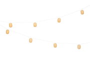 Solarbetriebene Lichterkette mit warmweißen LED-Lampen in dekorativen, runden Gehäusen, aufgehängt in diagonaler Perspektive.