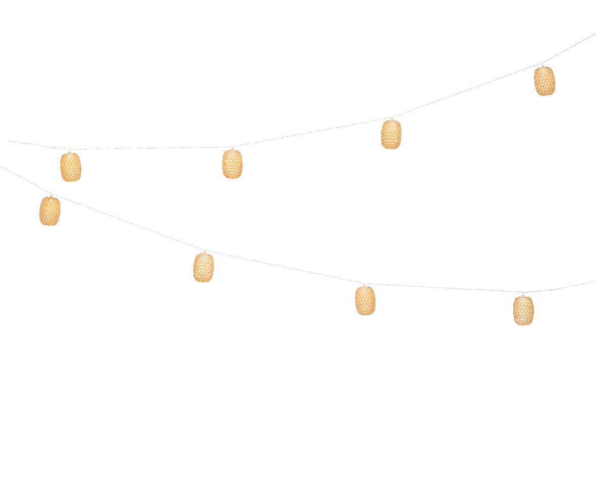 Solarbetriebene Lichterkette mit warmweißen LED-Lampen in dekorativen, runden Gehäusen, aufgehängt in diagonaler Perspektive.