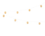 Solarbetriebene Lichterkette mit warmweißen LED-Lampen in dekorativen, runden Gehäusen, aufgehängt in diagonaler Perspektive.