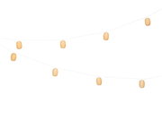 Lichtslinger op zonne-energie met warmwitte ledlampjes in decoratieve, ronde behuizingen, opgehangen in een diagonaal patroon.